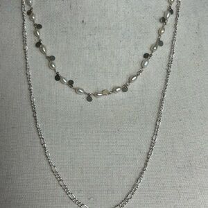 Necklace Pair Silver-Tone & Pearl (2) Round Link Chain & Faux Pearl Two-tone